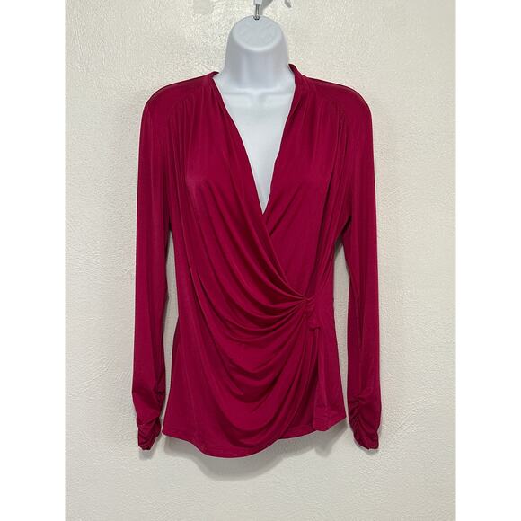 VTG Cache 90s Y2K Going Out Top L Fuchsia Pink Ruched Sides and Sleeves Low Cut - Picture 1 of 12